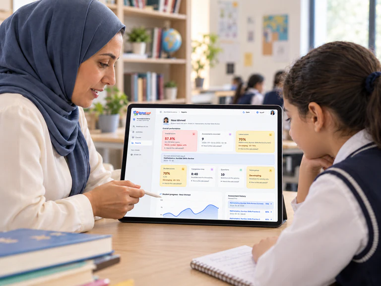 Illustrative scene of a teacher and student reviewing a QuizzoLand progress report together on a tablet.